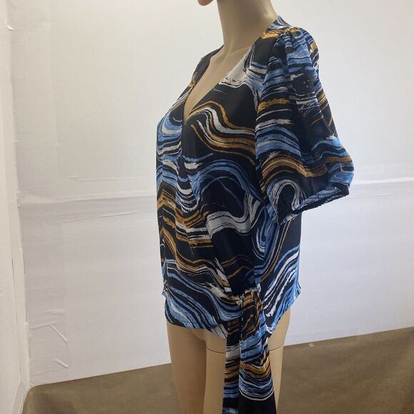 Nine West Blouse Wrap Top Silky Shirt Womens Size Large Short Sleeve Tie Waist - Picture 2 of 15